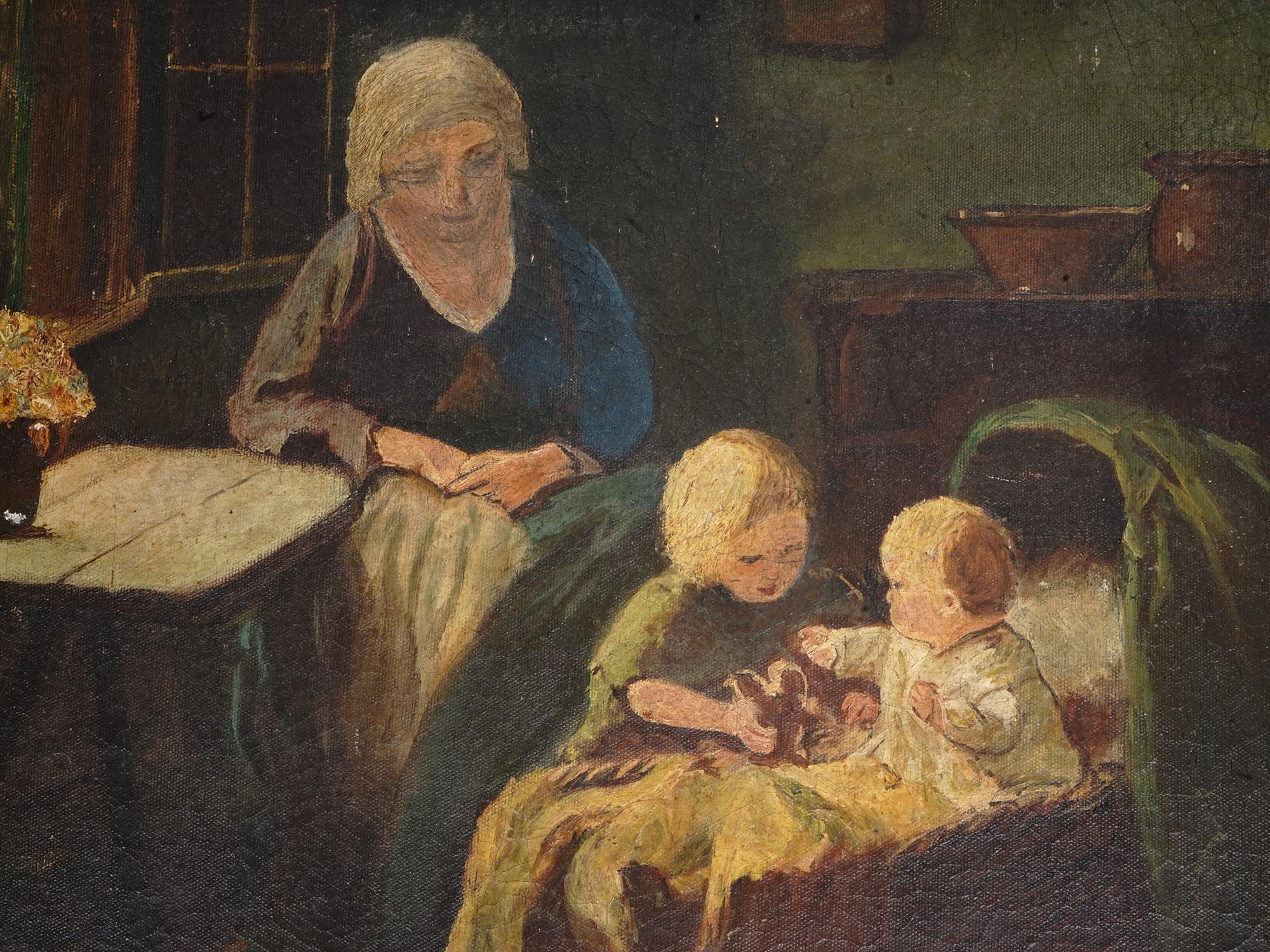 ANTIQUE INTERIOR FAMILY SCENE OIL PAINTING SIGNED PIC-1